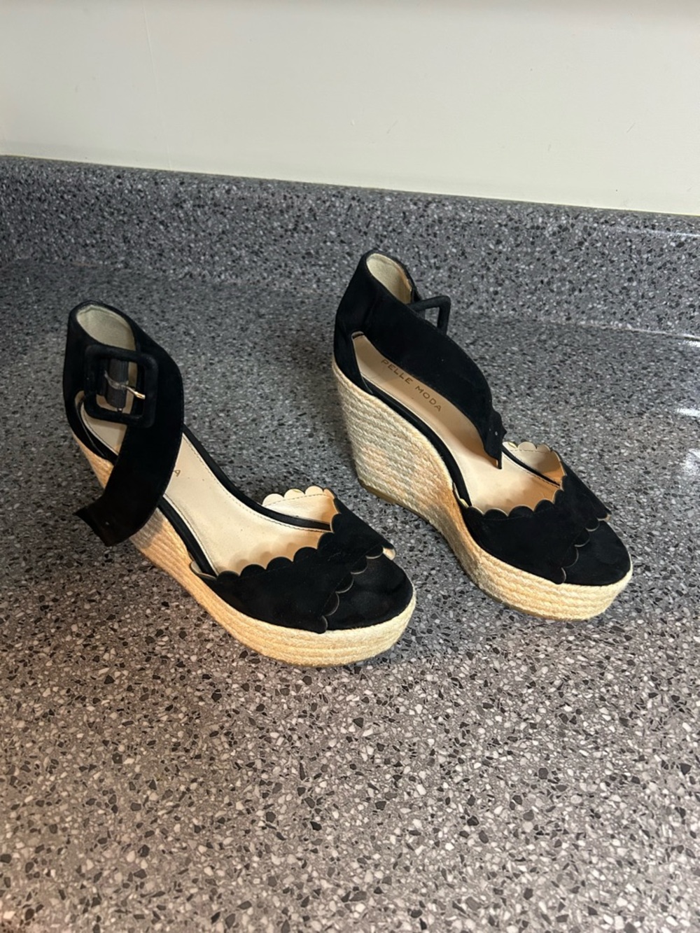 Pelle Moda Black Suede Scalloped Espadrille Wedges